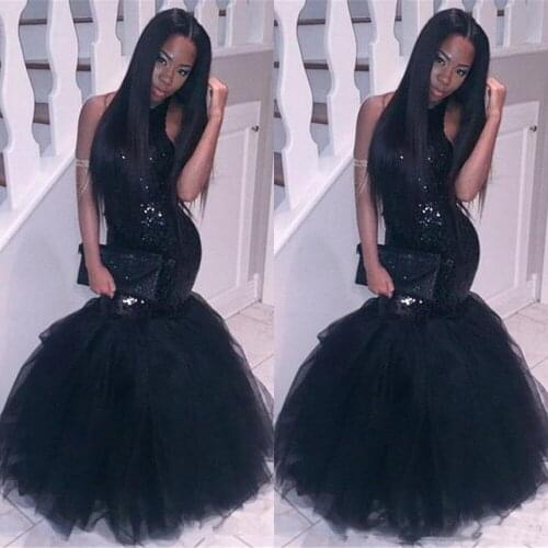 Sparkly Black Girls Dress Mermaid African Prom Dresses Long 2020 Halter Neck Sequins Tulle Sexy Corset Evening Party Gowns