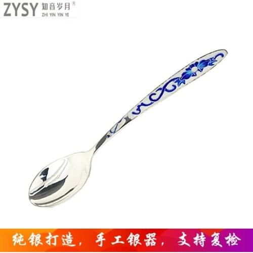 China Yincheng 999 silver products handmade cloisonne silver cutlery three-piece silver tableware spoon