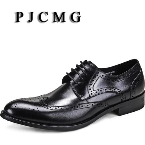 PJCMG New Breathable Carved Classic Business Lace-Up Black/Red/Coffee Pointed Toe Dress Genuine Leather Wedding Oxfords Shoes