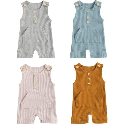 FOCUSNORM 0-18M Newborn Baby Boys Girls Rompers Solid Sleeveless Button Pocket Jumpsuits 4 Colors