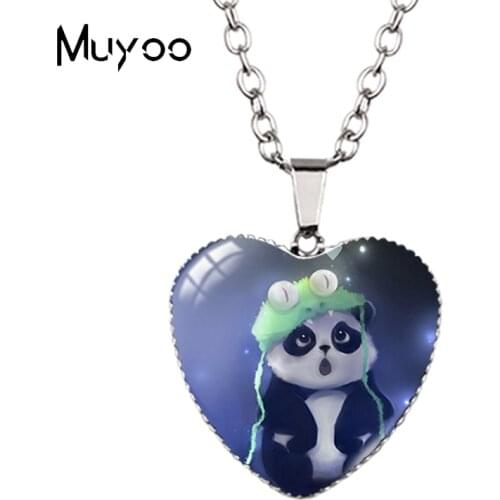 New Arrival Lovely Cute Panda Playing with Bubble Heart Glass Cabochon Jewelry Necklace Handcraft Heart Pendants HZ3