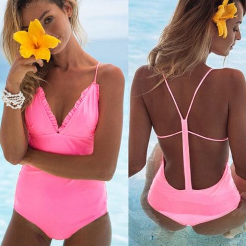 Sexy Women One-Piece Swimsuit Padded Push Up Monokini Summer Swimwear Solid Bathing Suit Beachwear Deep V Strappy Bikini