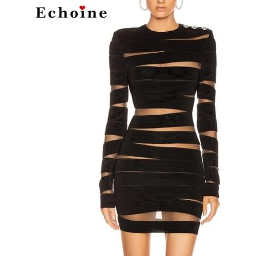 Women stylish solid black new fashion mesh ladies dresses 2020 winter sexy long sleeve o-neck nightclub mini bandage dress