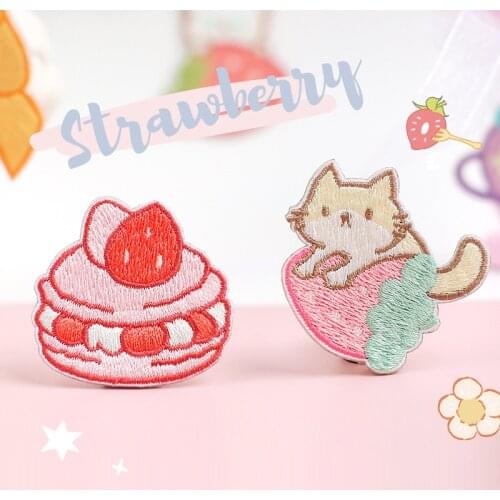 1pc Sweet Strawberry Cake Cat Embroidered Adhensive Cloth Stickers for Bag Phone Clothes