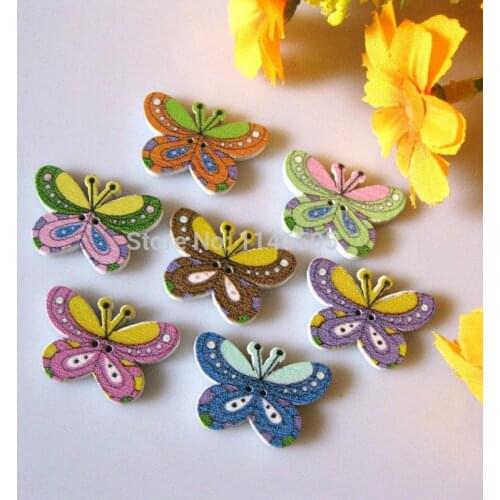50Pcs Random Mixed Butterfly Pattern Wood Sewing bulk Buttons 2 Holes craft Scrapbooking accessories