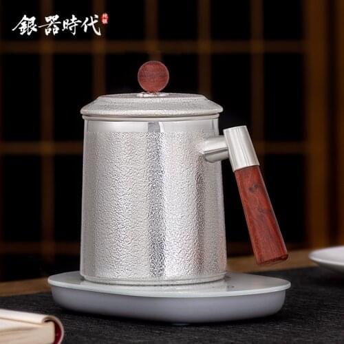 Ag999 Sterling Silver Hand-Carving Large Mug For Tea Large Beer Coffee Cup With Tea Infuser Handle Grip