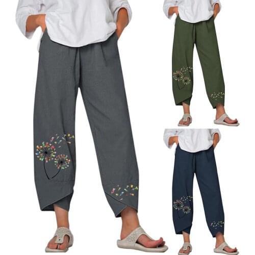 Women Straight-leg Pants, Floral Printed Pattern Elastic Waist Loose Style Trousers, Navy/ Army Green/ Grey