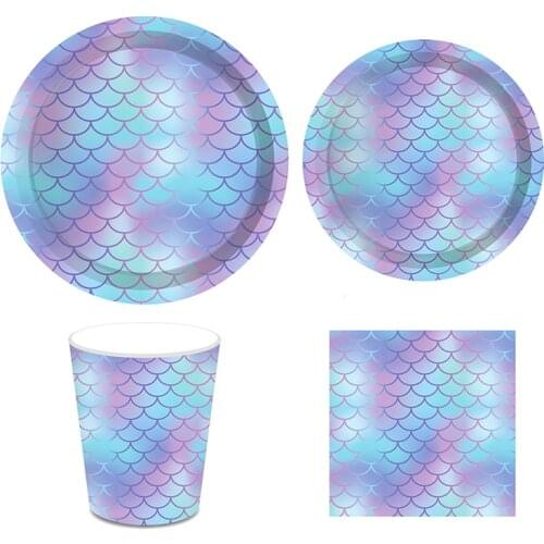 44pcs/set Mermaid Theme Purple Paper Plates Napkin Cups Girl Birthday Party Decor Wedding Christening Tableware Supplies