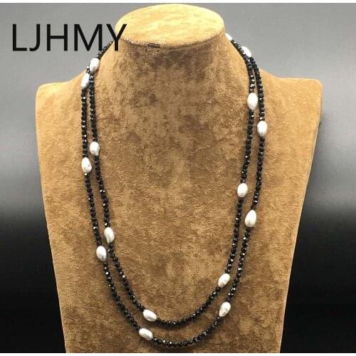 String Black Onyx Faceted Sparking Real Freshwater Pearl Necklace Long 50 Inches Punk Layered Custom Necklace Women
