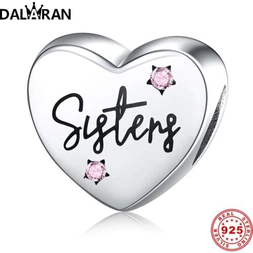 DALARAN Charm 925 Heart Shape Pink Sisters Beads For Bracelets Jewelry Making Charms For Girls DIY Jewelry Gift