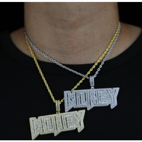 Cheap price 5A CZ Paved Hip Hop Gold Silver Color Initial Money Pendant With Long Rope Chain charm letter Necklace For Woman Men