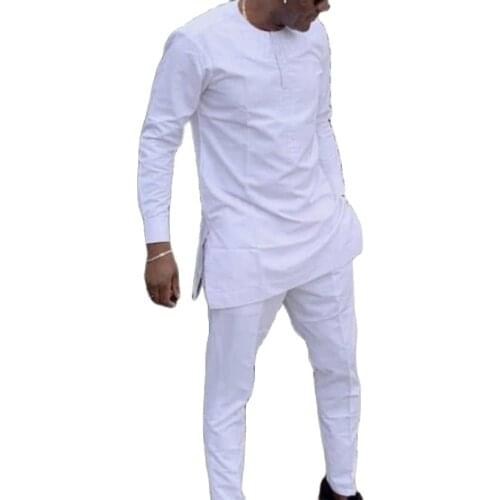 Mens Pant Set Long Sleeve Custom Made Plus Size Solid White Tops+Trousers For African Party DropShipping