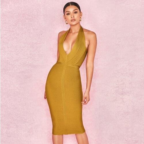 Halter Cold Shoulder Sleeveless Over Knee Deep V Neck Stripe Backless Bandage Party Dress