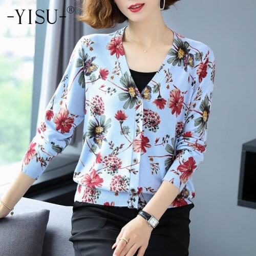 YISU Cardigan Coat Autumn Sweater Knitted Casual Coats Female Flower pattern Print Cardigans Loose Sweater Cardigan Women