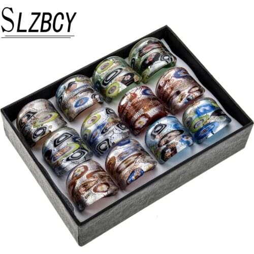 12 pcs/lot Handmade Lampwork Glass Murano Finger Ring Sets For Men Women Geometric Statement Ring Party Jewelry Wholesale