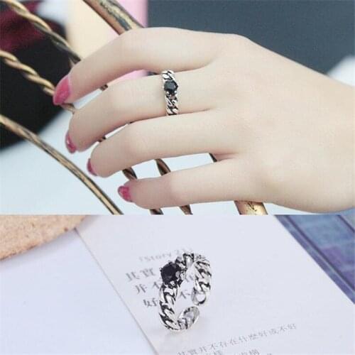 New Retro 925 Sterling Silver Jewelry Creative Black Stone Crystal Personality Chain Shaped Temperament Opening Rings SR479
