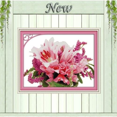 Beautiful flowers Pink lily,Pattern printed on the fabric DMC 11CT 14CT Cross Stitch kits,needlework Sets DIY crafts embroidery