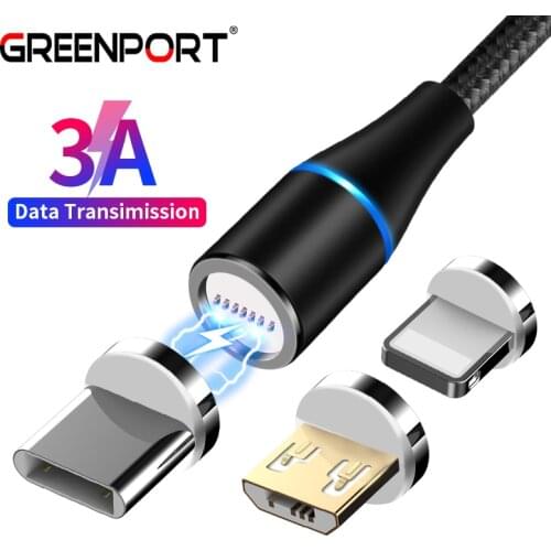 GREENPORT Magnetic Cable for iPhone xs max Micro USB Charger Wire Type C 3A Fast Charging USB-C Data Cable for Huawei Samsung S9
