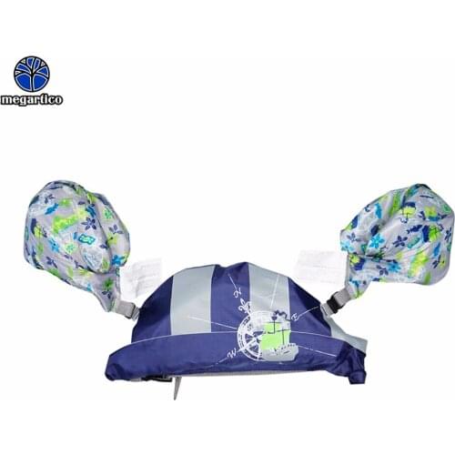 Megartico Life Jacket vest kids dark blue child detachable floatation swim belt & armbands set navy printed boys swim trainer