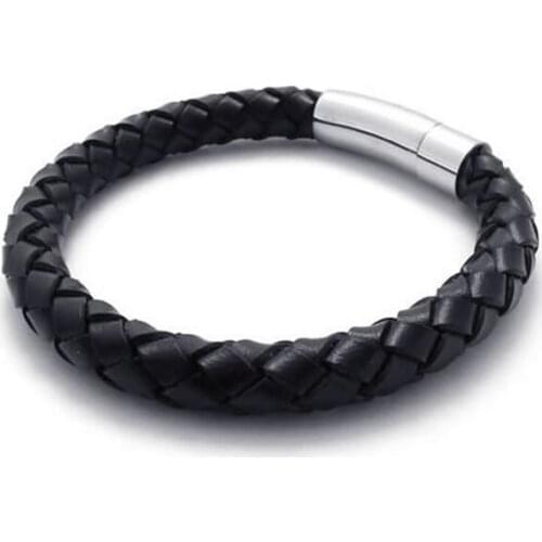 Mens Hot Sale Popular Jewelry Stainless Steel Silvery Polished Black Leather Interwoven Shape Luxury Bangle Bracelet