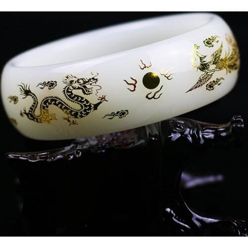 Natural Jade Bangle White Bracelet Hand-carved Fine Lady Jewellery Fashion Accessories For Women Round Bangle Charm Jadeite Gift