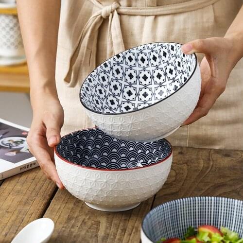 Nordic Style 6-inch Soup Bowl Underglaze Ceramic Tableware Household Instant Noodle Restaurant Simple Creative Embossed Ramen