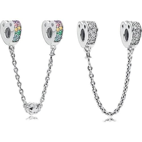 Classic 925 sterling silver Multi-Colored Arcs of Love Safety Chain Charm Fit pandora Safety Chain Bracelet Pendant DIY Jewelry