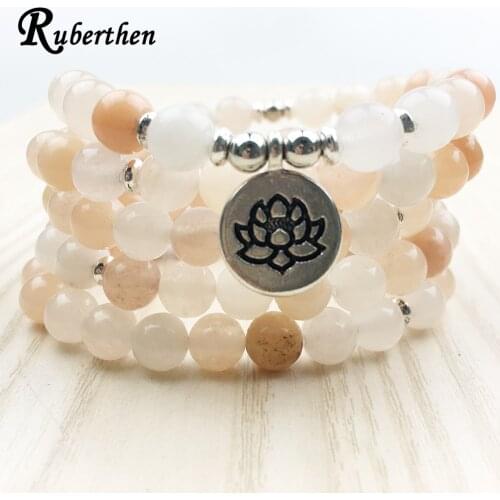 Ruberthen New Design Women`s Mala Beads Bracelet High Quality Pink Aventurine Yoga Bracelet or Necklace Trendy Lotus Jewelry