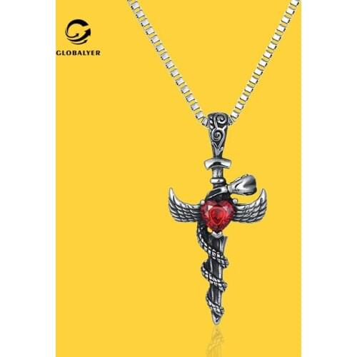 New domineering cross snake sword Mens pendant Hipster inlay red love cystal wing Titanium steel necklace Free shipping 310