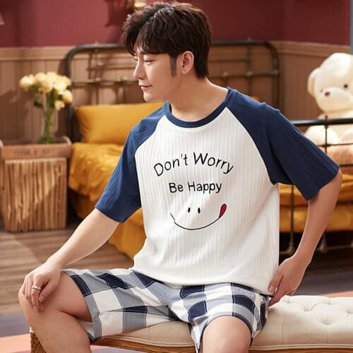 Summer Cartoon Pajamas Set For Men Fashion Letter Short Sleeve Blue Patchwork Homewear Casual Cozy Cotton Oversize Men Sleepwear