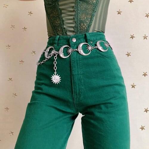 2021 New Arrivals Metal Belt Ladies Punk Moon Sun Retro High Waist Chain Belt Gothic Silver Pendant Belt Women