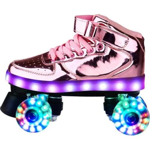 2020 New Led Rechargeable 7 Colorful Flash Shoes Double Row 4 Wheel Roller Skates Outdoor Men Women Patines