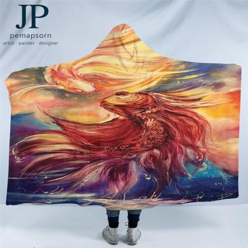 Fishes by Jp.pemapsorn Hooded Blanket for Adults Goldfish Microfiber Blanket Koi Wearable Blanket Hoodie Watercolor Art Bedding