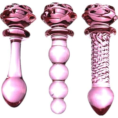 Glass Dildo Pink Rose Flower Shape Vaginal Anal Butt Plug Self Comfort Masturbator Sex Toys for Woman
