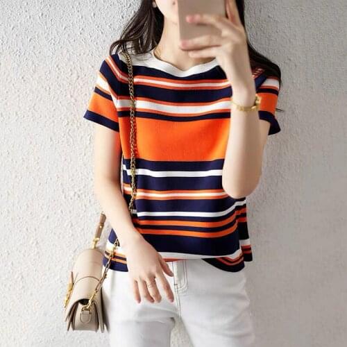 O-Neck Thin T Shirt Women Knitted Stitching Color Tee Shirt Femme Summer Loose Tops Woman Short Sleeve Casual T-Shirt Female