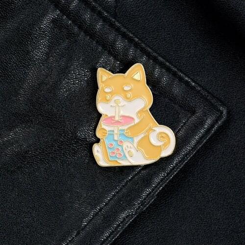 Japanese Akita dog enamel pins Drink milk tea dog Brooches Backpack Bag Hat Leather Jackets Fashion Accessories Animal Jewelry