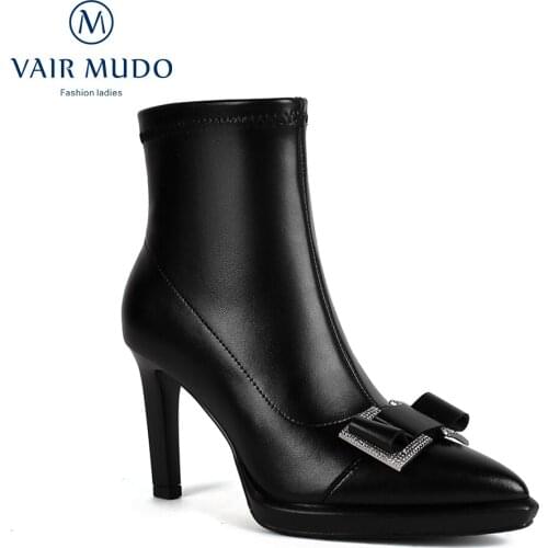 VAIR MUDO Women Ankle Boots Pointed Toe High Heel Black Autumn Winter Elegant Fashion Women Boots Shoes Female ConciseWM-X236-C