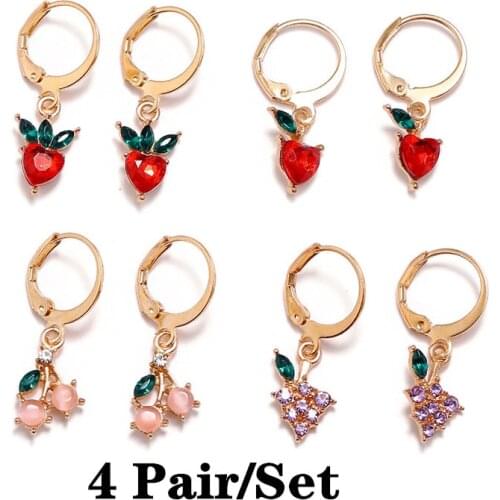 Sweet Crystal Apple Strawberry Cherry Grape Fruit Dangle Earrings for Women Fashion Earrings Simple Jewelry Gifts