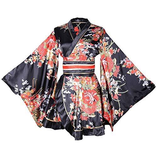 Womens Kimono Costume Adult Japanese Geisha Yukata Sweet Floral Patten Gown Blossom Satin Bathrobe Sleepwear with OBI Belt