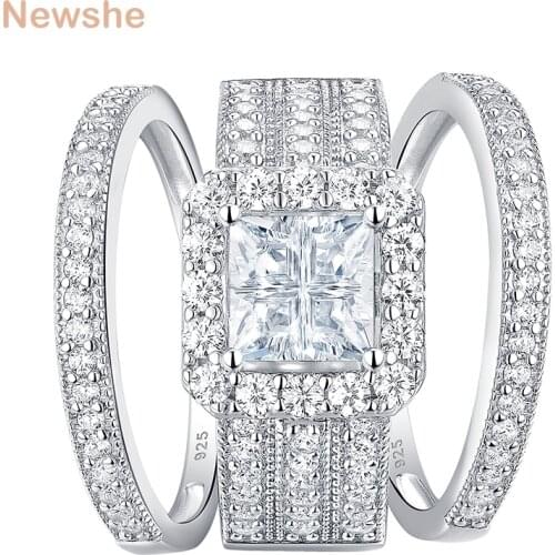 Newshe 3Pcs Wedding Rings For Women Solid 925 Sterling Silver Engagement Ring Bridal Set Cross Princess Cut Zircons Jewelry