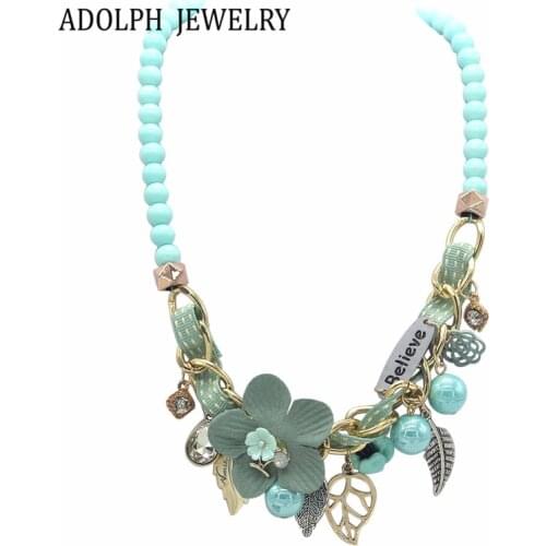 ADOLPH Jewelry For Women New Party Elegant Resin Beads Chain Cloth Flower Alloy Leaves Believe Word Pendant Choker Necklace