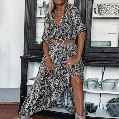 Deep V-neck Maxi Dress Comfortable Skin-friendly Long Sleeve Women Turn-down Collar Printed Bohemian Dress Streetwear for Beach