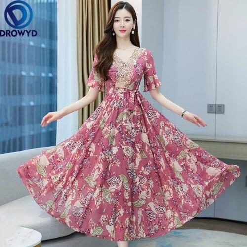 2021 Summer Sexy Beach Boho Maxi Dress for Women Fashion Lace V-neck Short Sleeve Floral Chiffon Long Dress Blue Party Vestidos