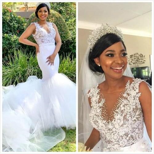 2020 Arabic Aso Ebi Plus Size Sexy Lace Beaded Mermaid Wedding Dresses Sheer Neck Bridal Dresses Cheap Vintage Wedding Gowns