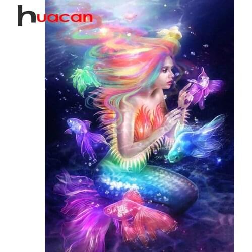 Huacan Full Diamond Mosaic Embroidery Mermaid Portrait Diamond Painting With Square Rhinestones Home Decor