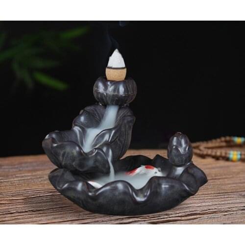 Backflow Incense Burner Ceramic Fountain Waterfall Smoke Incense Holder Aroma Censer with 50pcs Cones Home Office Teahouse Decor