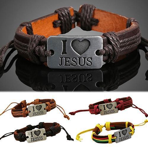 Unisex I LOVE JESUS Faux Leather Bangle Hemp Rope Chain Adjustable Bracelet