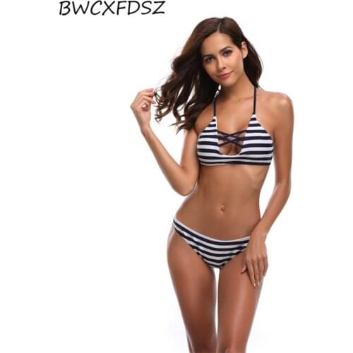 BWCXFDSZ Striped Bikini Swimsuit Swimming Bathing Suit Swimwear Biquini Strappy Low Waist Deep V Women Cut Out Beach Swim Wear
