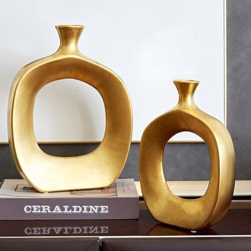 European Ceramic Golden Hollow Vase Decoration Living Room Flower Arrangement Home Bookcase Office Dining Table Flower Wedding