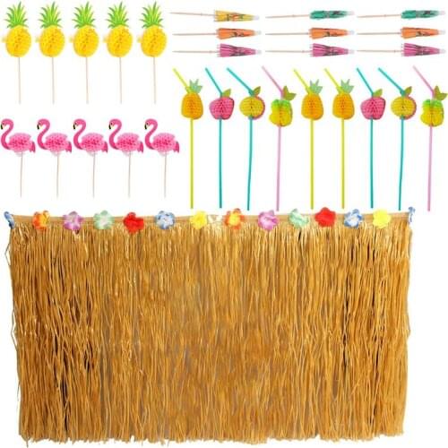 1 set of Hawaiian Party Cake Toppers Umbrella Signs Straws Party Supplies Hawaiian party table skirt Hibiscus fruit straw set